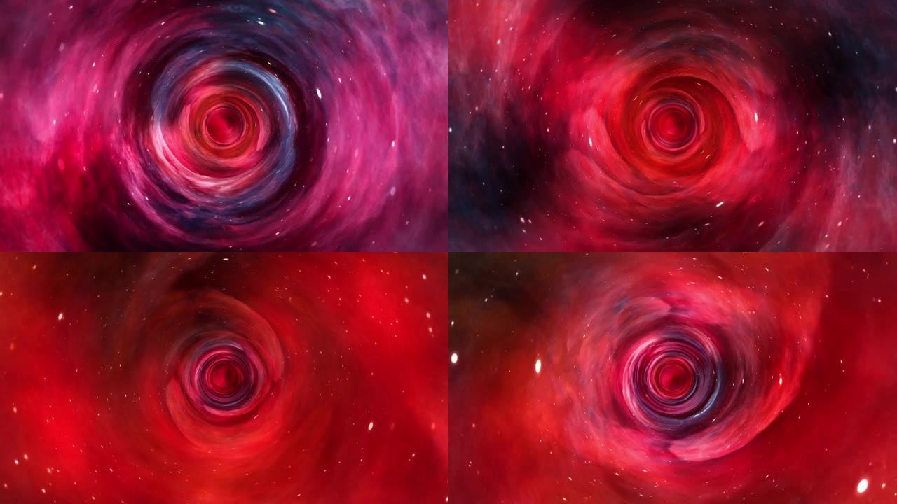 抽象太空飞行通过彩色红色紫色蓝色时空虫洞涡旋。4K 3D循环科幻星际空间旅行背景概念。抽象科幻传送速
