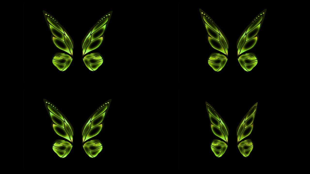 黑色背景上的动画绿色蝴蝶翅膀幻想风格。