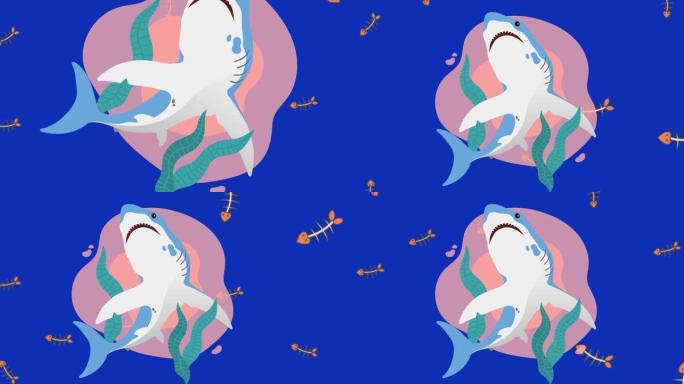 粉红色和蓝色背景上的鲨鱼动画