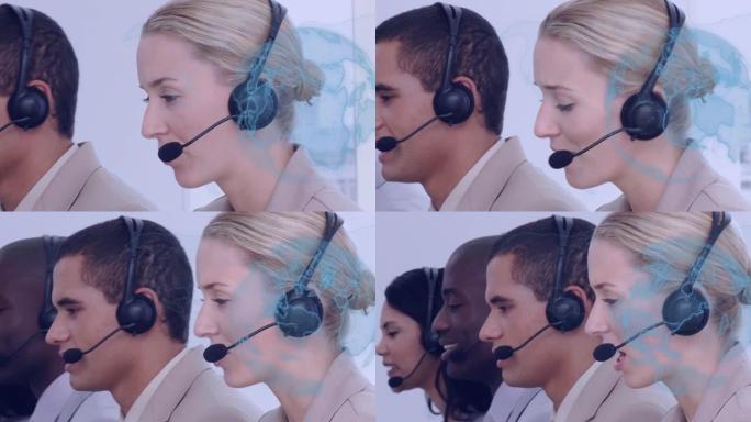 使用电话耳机通过商务人员连接网络的globe动画
