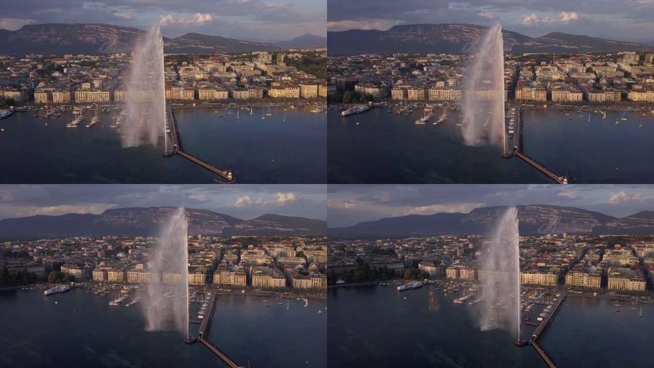 瑞士日落时间日内瓦城市景观湖著名喷泉湾空中全景4k