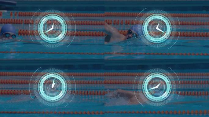 示波器扫描和时钟快速移动的男性游泳运动员动画