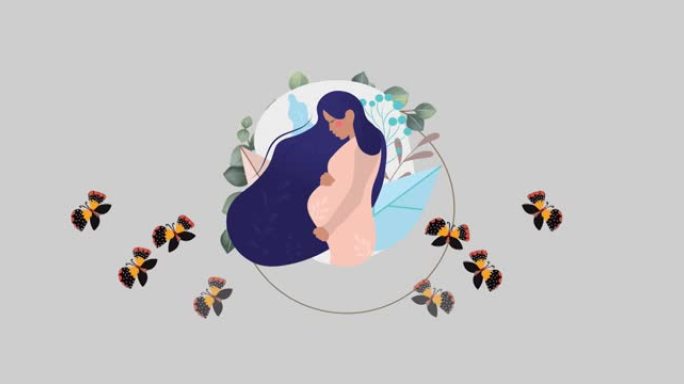 孕妇，蝴蝶和花朵在灰色上催眠运动的动画