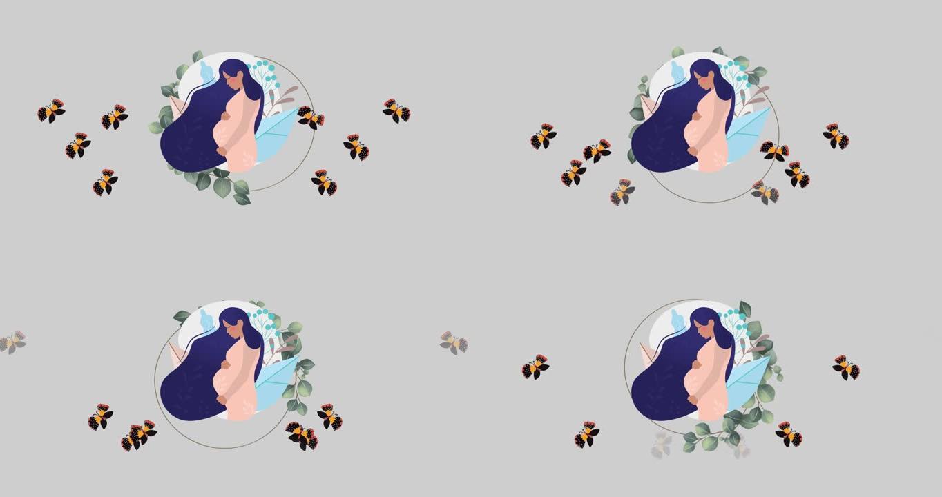 孕妇，蝴蝶和花朵在灰色上催眠运动的动画
