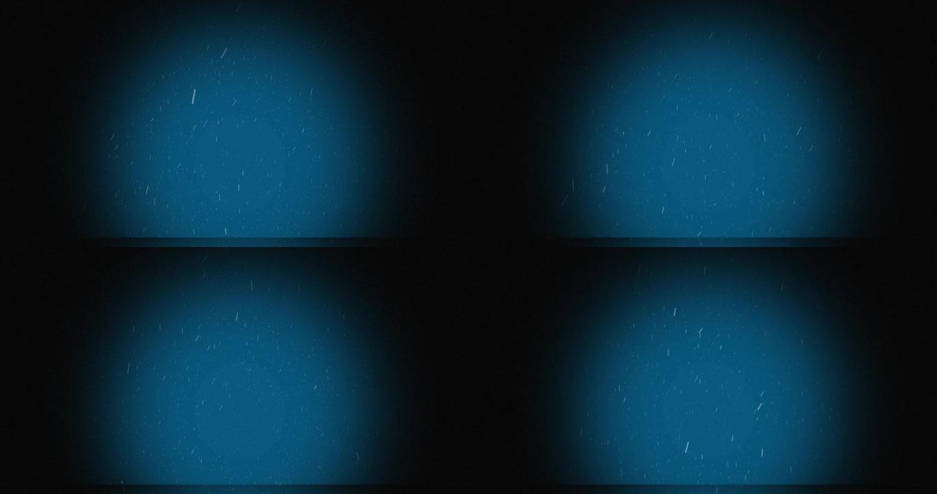 蓝色背景上的雪花落在聚光灯下的动画