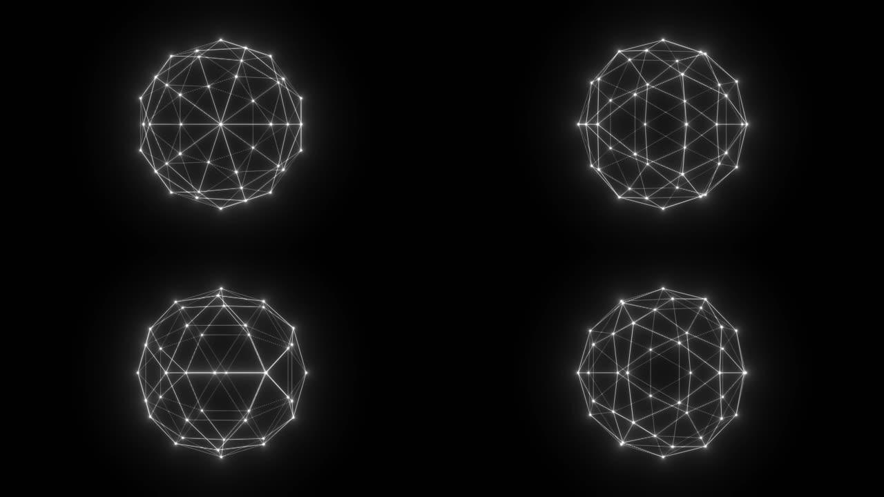 由线和点组成的技术神经丛球体形状。HUD，FUI元素。几何背景。循环。