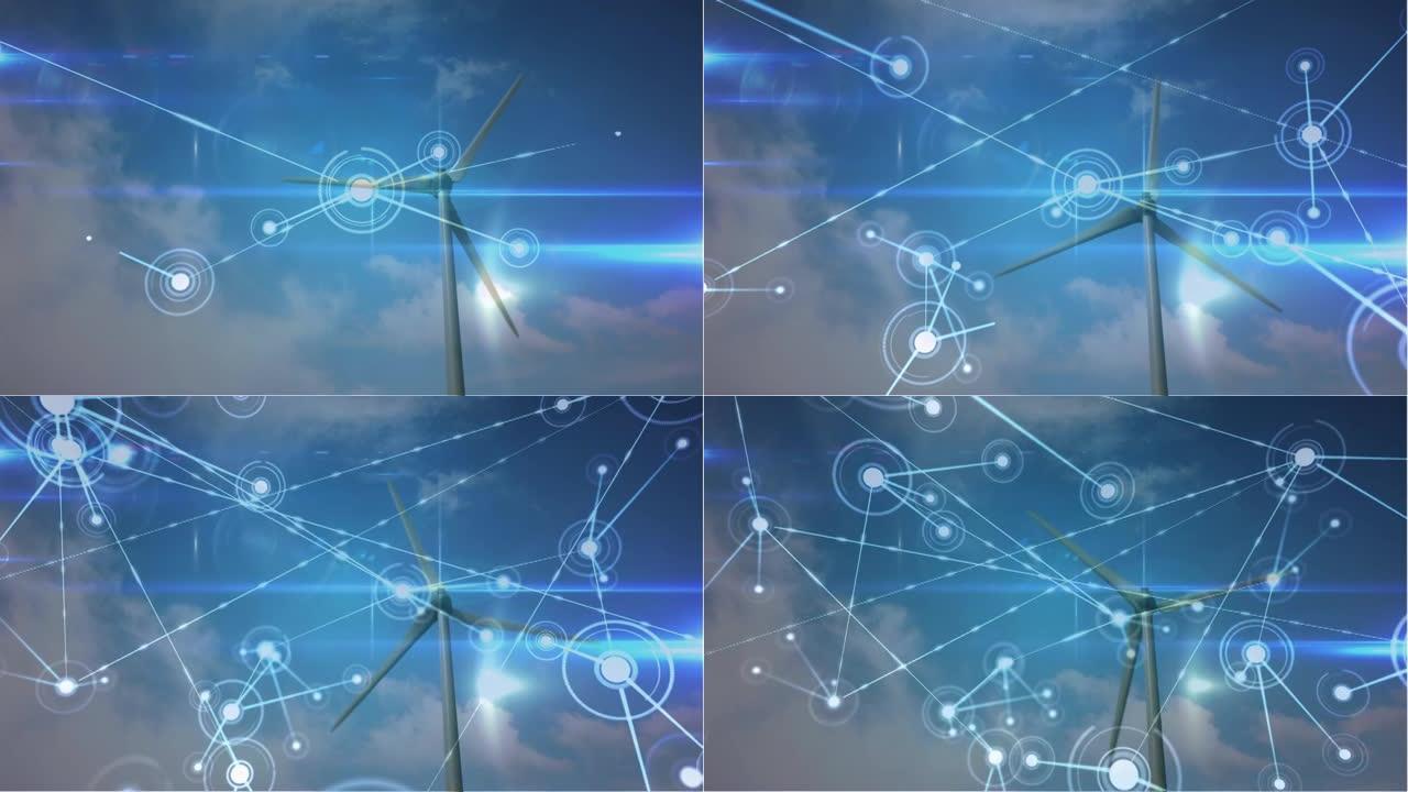风力涡轮机和天空连接网络的动画