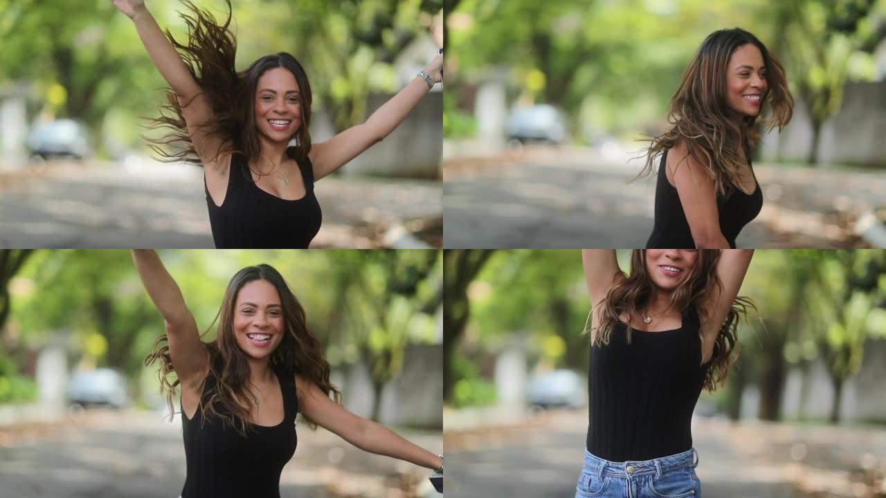 快乐的巴西女人伴随着快乐和幸福跳跃
