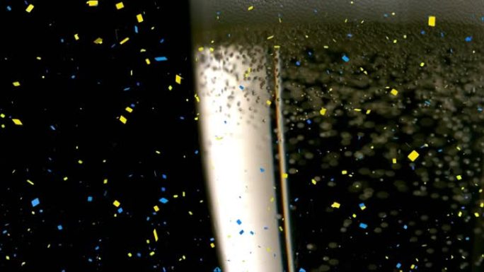黑色背景上的五彩纸屑掉落和香槟的动画