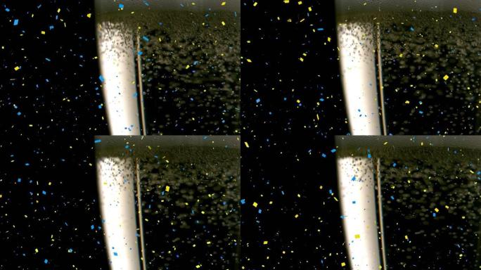 黑色背景上的五彩纸屑掉落和香槟的动画