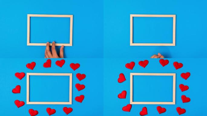 蓝色背景上的红心复制文本的框架定格动画。情人节或母亲节概念