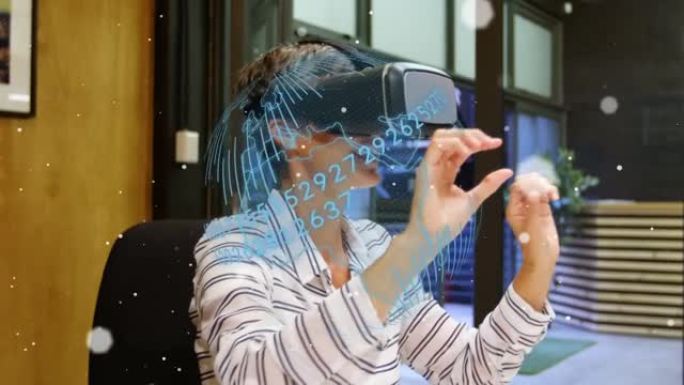 使用虚拟界面，在虚拟现实耳机中打手势对女性进行数据处理的地球仪动画
