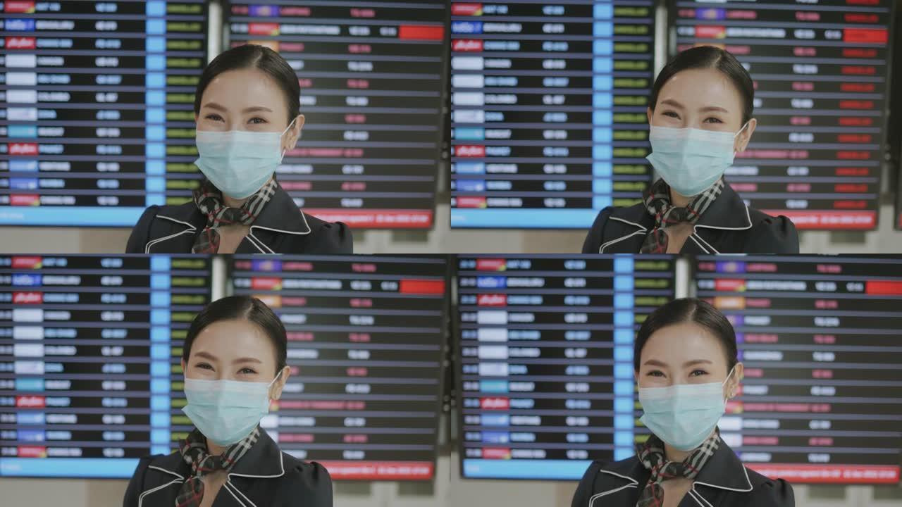 近距离女性微笑面具下乘务人员看镜头欢迎接种乘客飞行库存视频