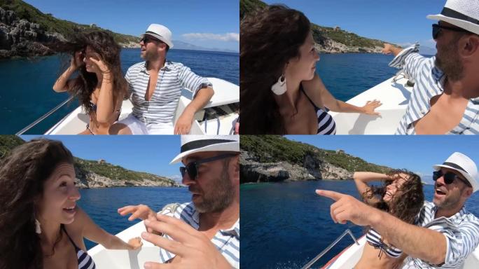 希腊扎金索斯的情侣在船上享受暑假的4k视频