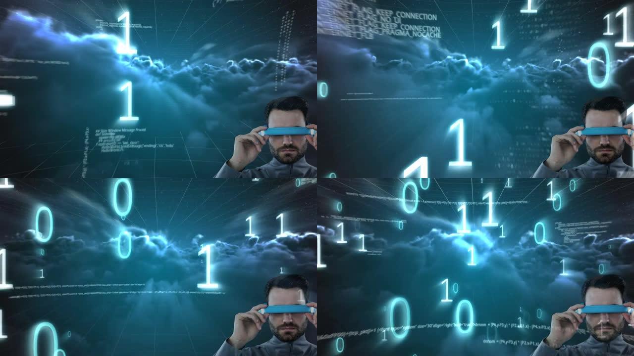 白人男子戴着vr护目镜抵御乌云的二进制编码和数据处理