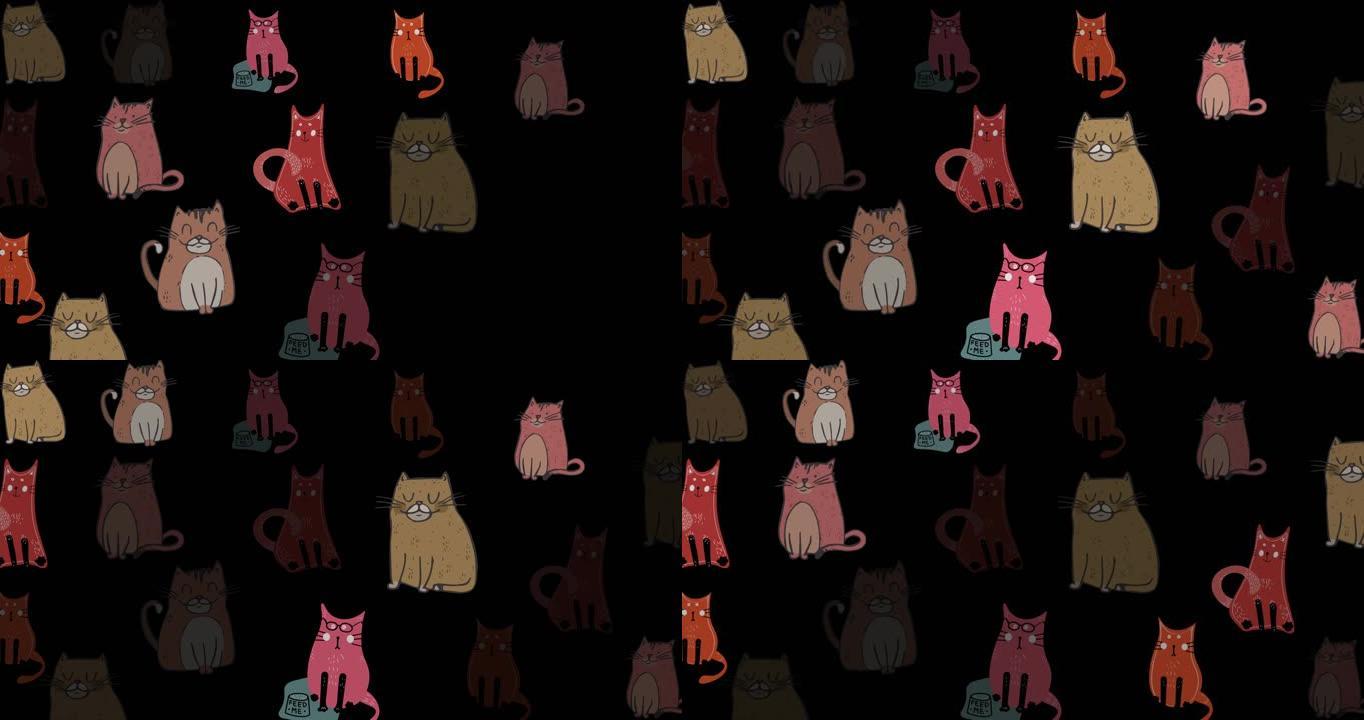 黑色背景上多只可爱的猫闪烁的动画