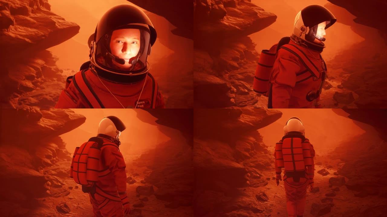 宇航员研究员在火星上穿过沙尘暴。这个人是用3D电脑图形制作的。这部动画是为幻想、未来或太空旅行而设计