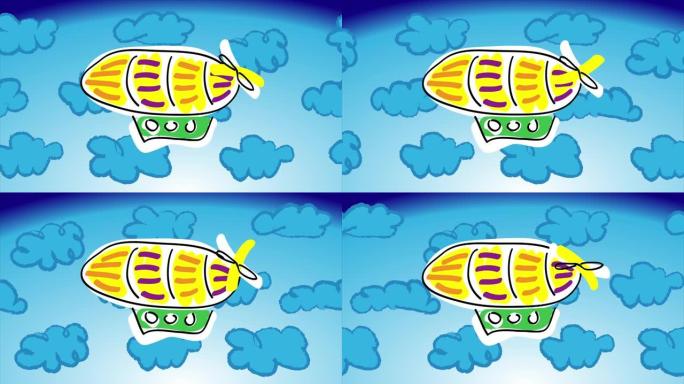 卡通大型飞艇在云间的天空中飞行。黄色飞艇，带绿色客舱。在移动: 云，飞艇，螺丝。儿童绘画风格，儿童艺