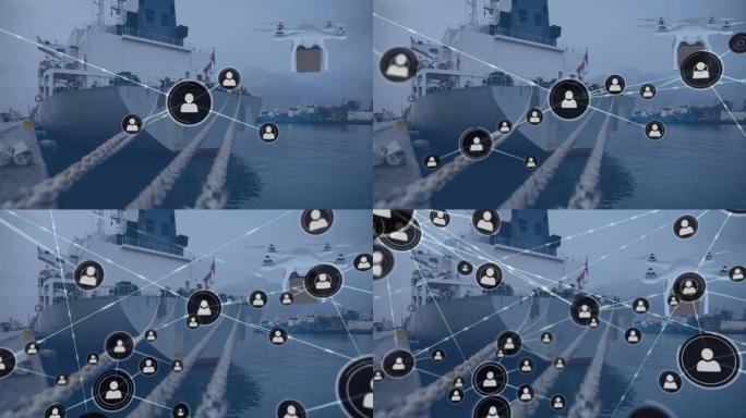 船舶和无人机包裹上带有图标的连接网络动画