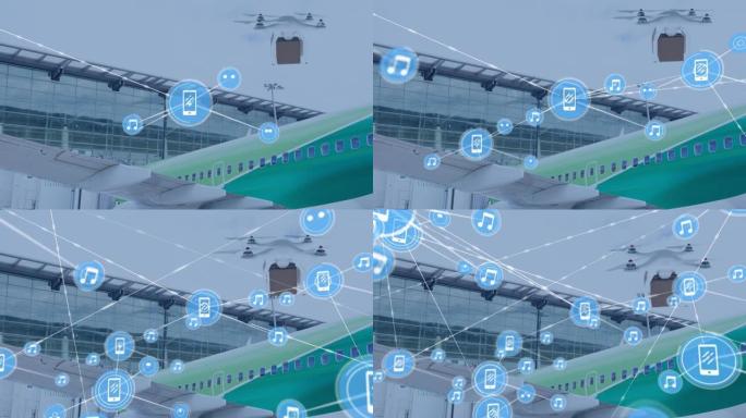 无人机携带包裹上带有图标的连接网络动画