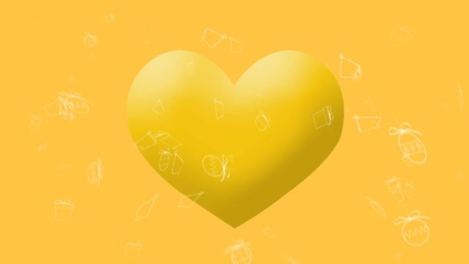 白色圣诞图标落在黄色背景上的黄色心形表情符号上的动画