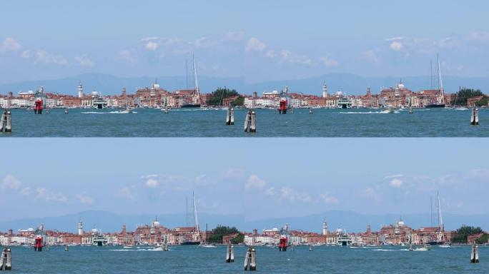 威尼斯的许多船。威尼斯运河中的渡轮。威尼斯的水上交通