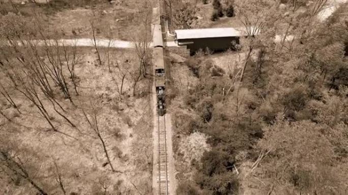 一列19世纪60年代蒸汽旅客列车在一条孤独的单轨上穿越林区的黑白鸟瞰图