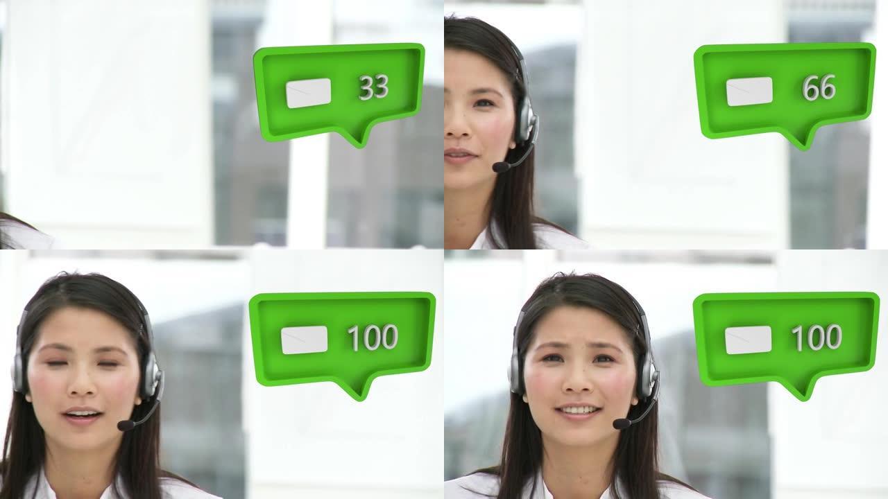 使用电话耳机在女商人身上制作数字图标的动画