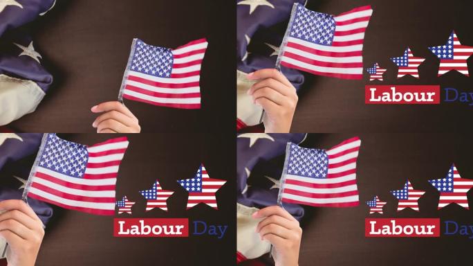 劳动节的动画在星星和举着美国国旗的人身上