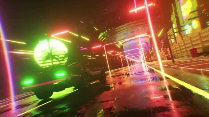 霓虹灯风格的汽车和城市。80年代复古波背景3d动画。复古的未来派汽车驶过霓虹灯城。无缝循环的3d渲染