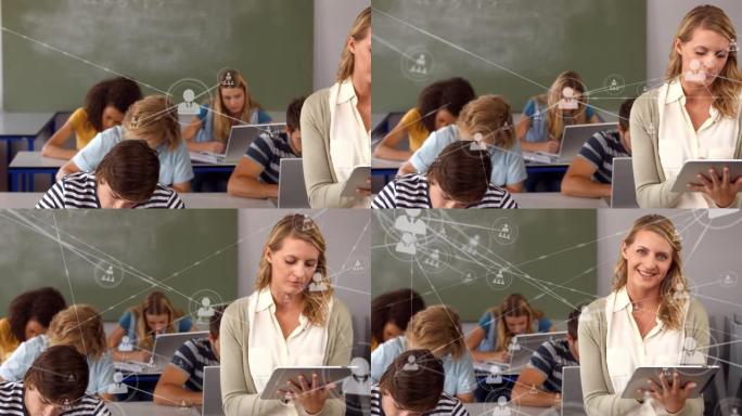在课堂上使用数字平板电脑反对高加索女教师肖像的个人资料图标网络