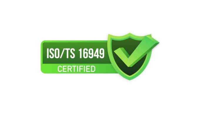 ISO 16949认证徽章，图标。认证印章。平面设计。运动图形。