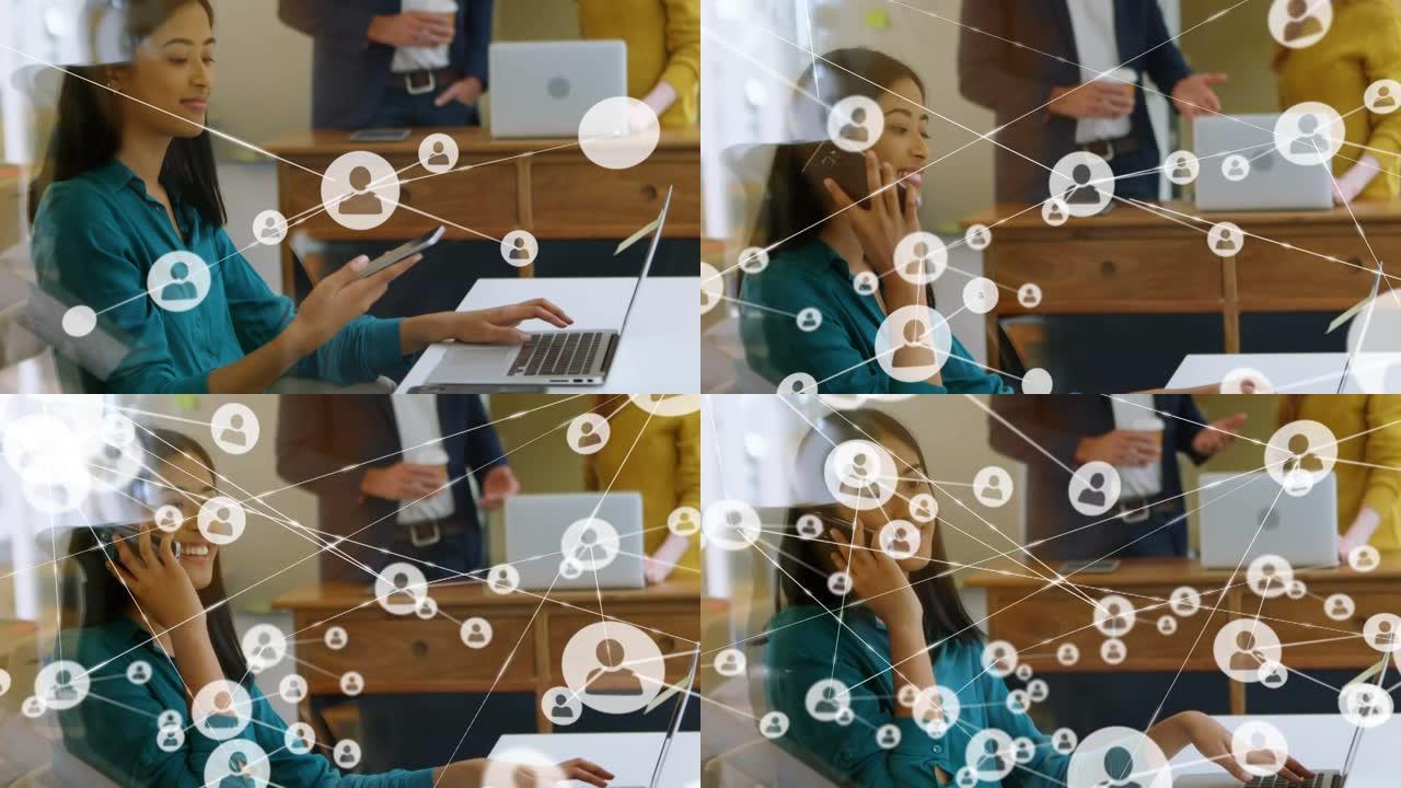 使用智能手机在女商人上的图标连接网络动画