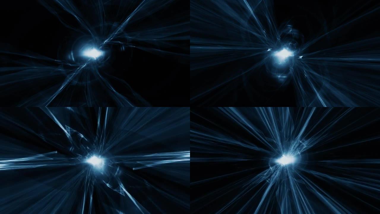 4K 3D深蓝色等离子体能量隧道。光之隧道中的科幻飞行。飞过虫洞或时间涡流入口或网关。蓝色光芒爆炸未