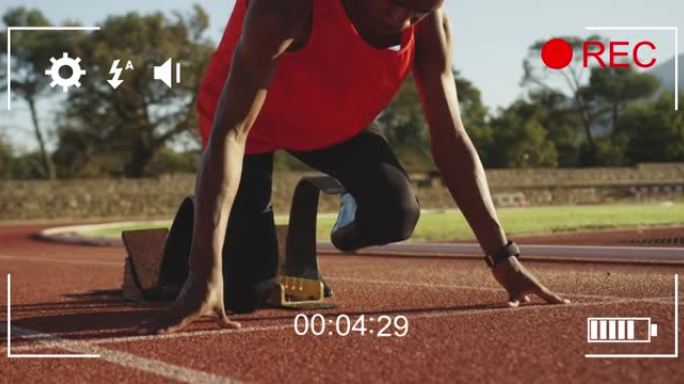 跑道上残疾男运动员的摄像机数字接口动画