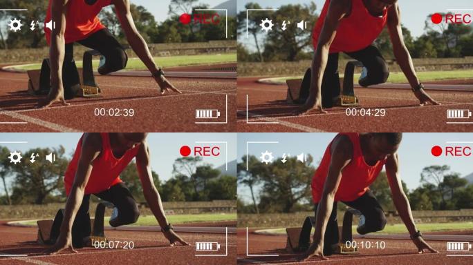 跑道上残疾男运动员的摄像机数字接口动画