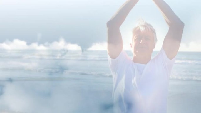 快乐的老人在海边练习瑜伽的发光动画