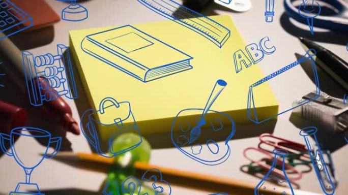 在书桌上滚动文具的学校设备蓝色涂鸦动画