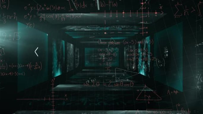 漂浮在绿色背景上带有数学符号的屏幕上的数学方程式
