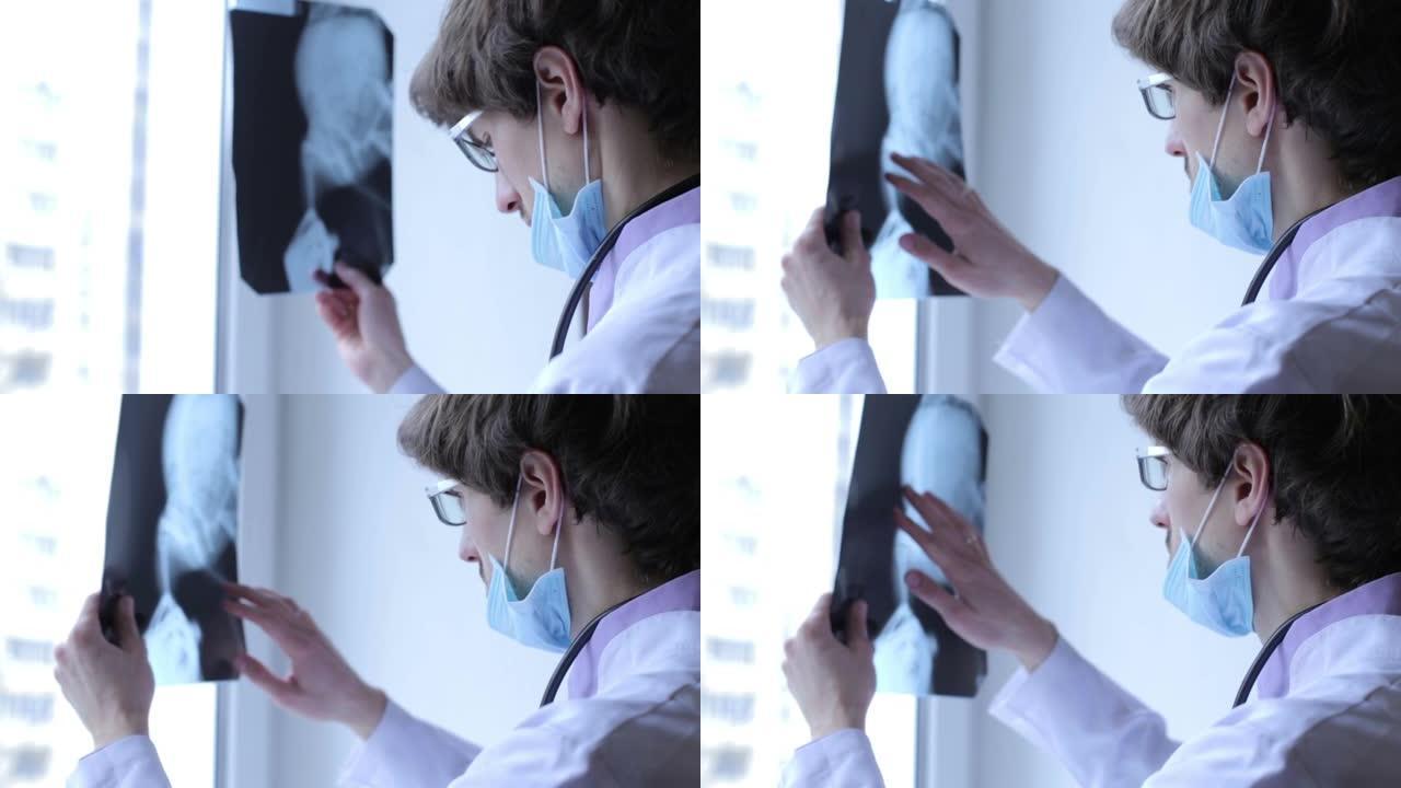 兽医检查x射线以寻找骨折的证据。