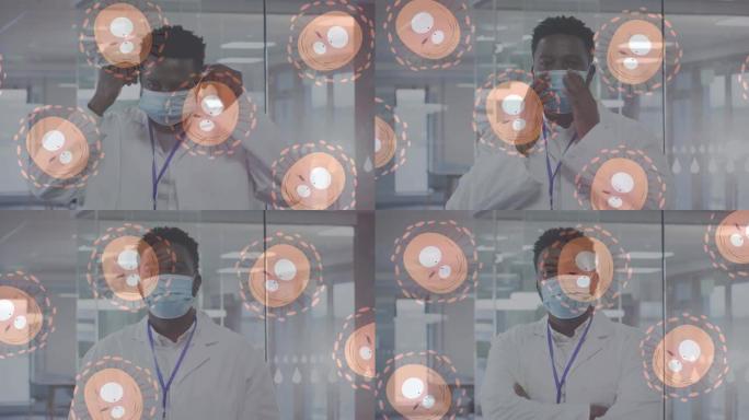 多个新型冠状病毒肺炎细胞对着戴着口罩的非洲裔美国男医生的肖像移动