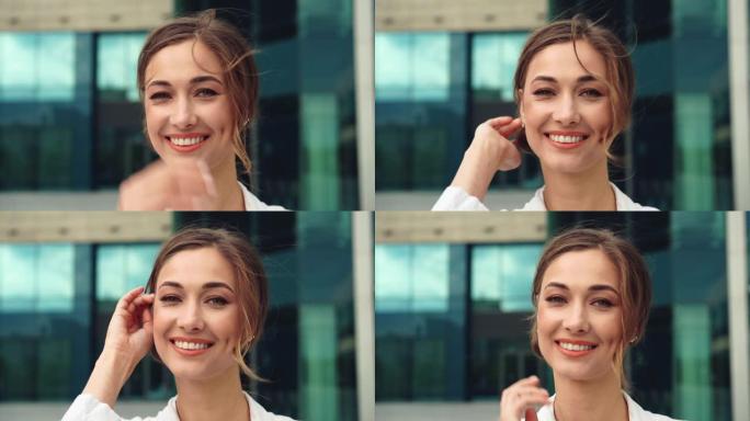 女商人成功的女商人站着双臂交叉室外公司建筑外部。微笑快乐的高加索自信职业商业女性中年