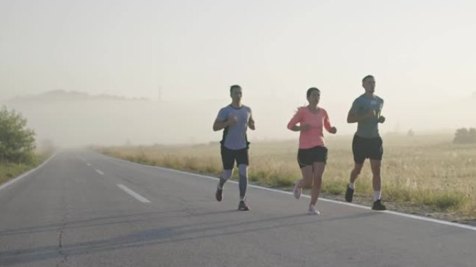 多种族的运动员在全景乡村道路上一起奔跑。多样化的慢跑者团队进行晨练。