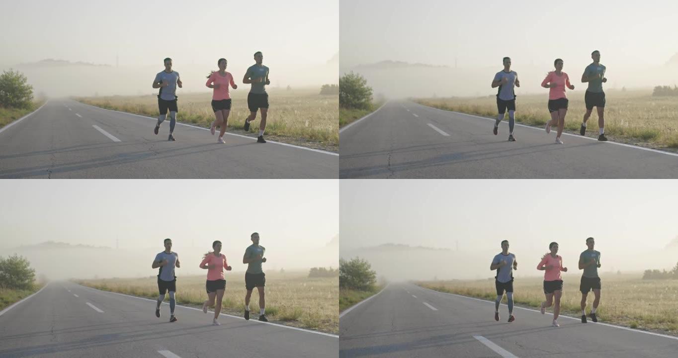 多种族的运动员在全景乡村道路上一起奔跑。多样化的慢跑者团队进行晨练。