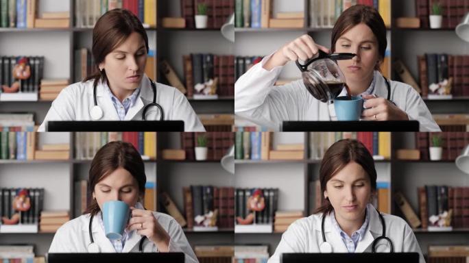 电脑上累了的医生倒酒喝咖啡。办公室工作场所穿着白大褂的女医生在电脑上工作时，将咖啡机中的咖啡倒入蓝色