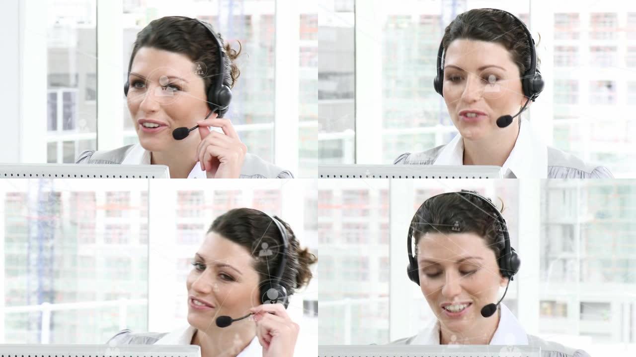 使用电话耳机在女商人上使用图标的连接网络动画