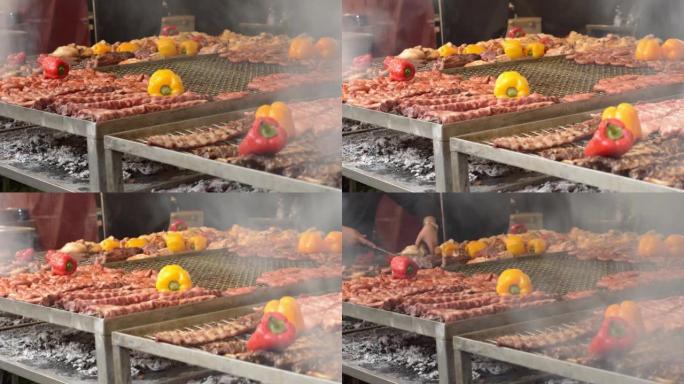 烤各种类型的肉，大烤架，烧烤肉