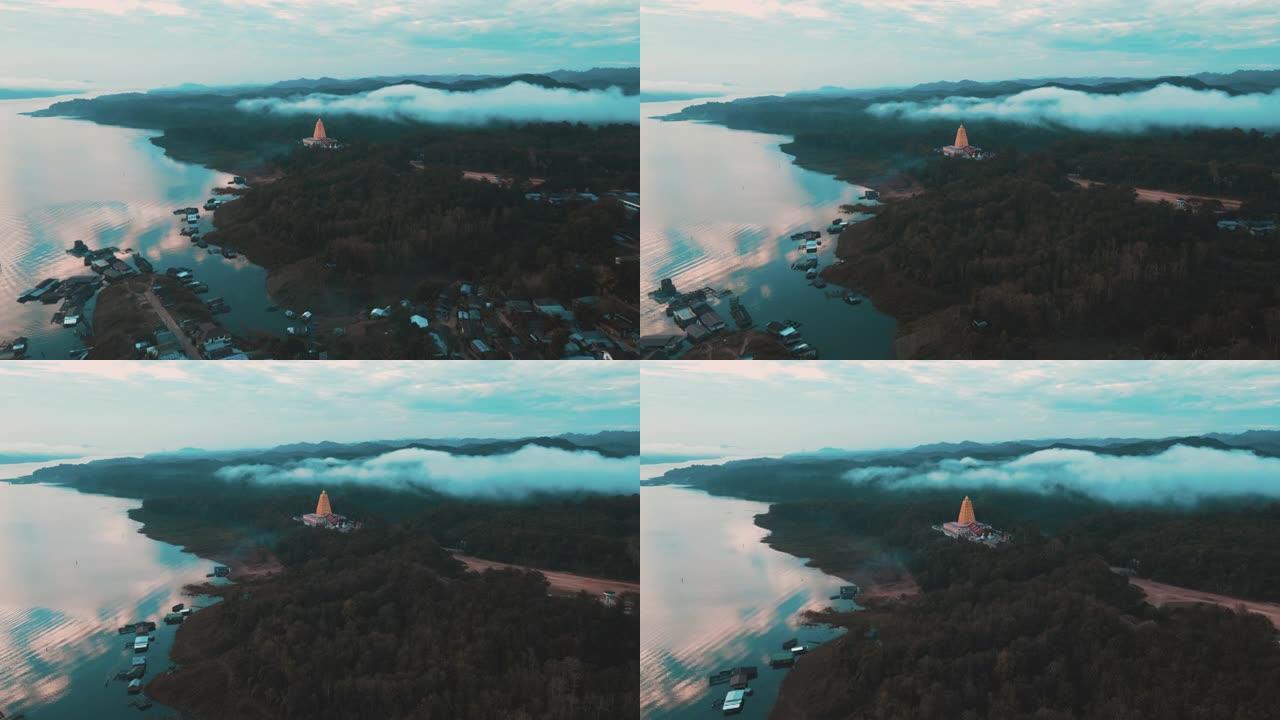 空中无人机在早晨的Sangklaburi Kanchanaburi桥上空拍摄美丽的日出
