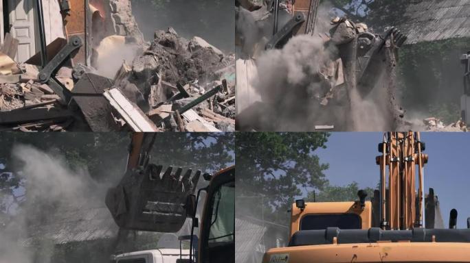 挖掘机铲斗将被摧毁的建筑物中的垃圾和杂物装载到卡车中。