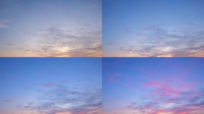 4k天空延时，燃烧的天空闪耀，红色紫色橙色蓝色粉色日落。浪漫多彩的日落，太阳下山，天空中流淌着橙色的